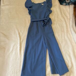 GB girls Slate Blue Ruffle-Sleeve Wide-Leg Jumpsuit SOME STAINS